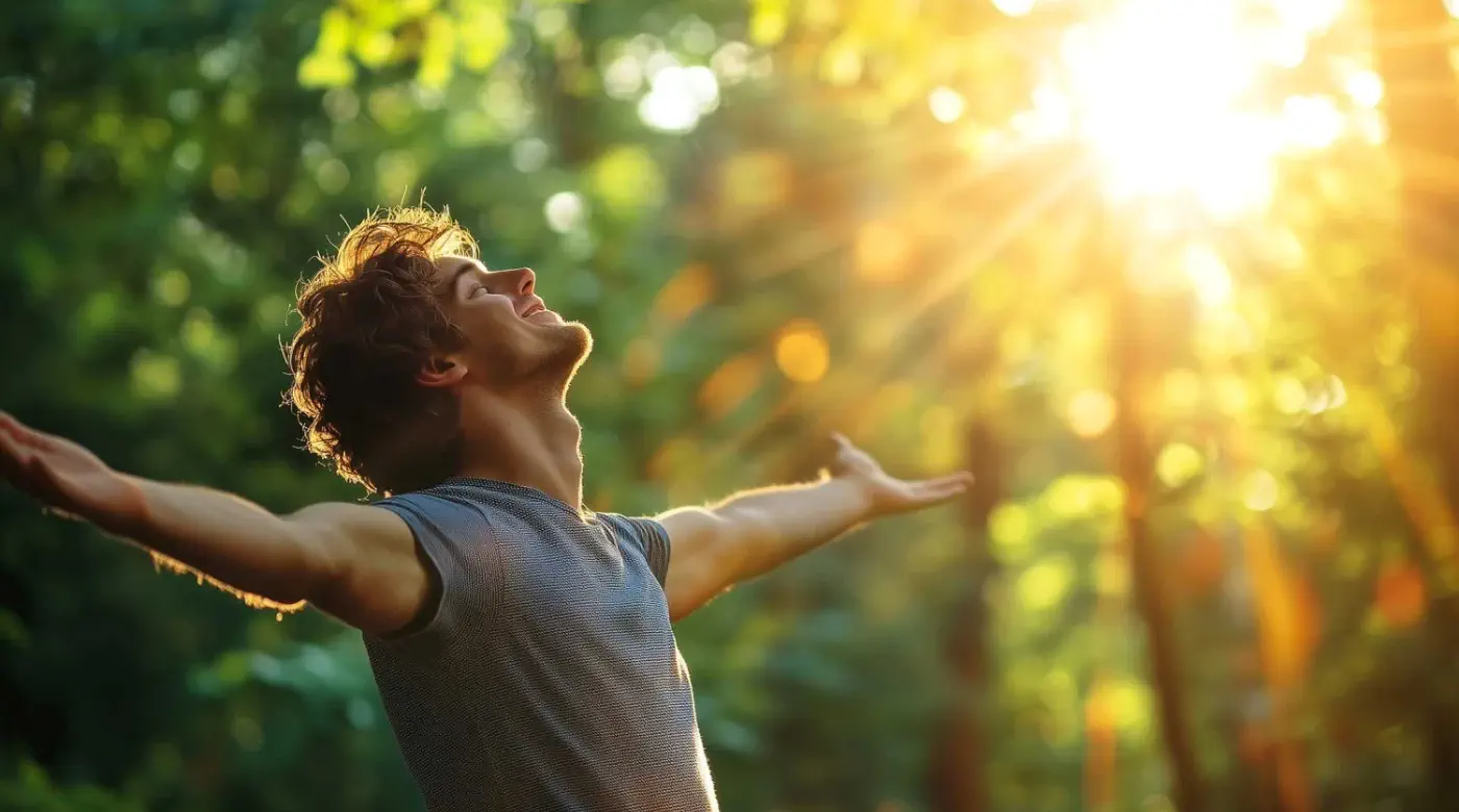 Begin your healing journey — step into clarity, confidence, and aligned success. Joyful man opening arms toward sunlight in forest, symbolizing freedom, clarity, and personal breakthrough.