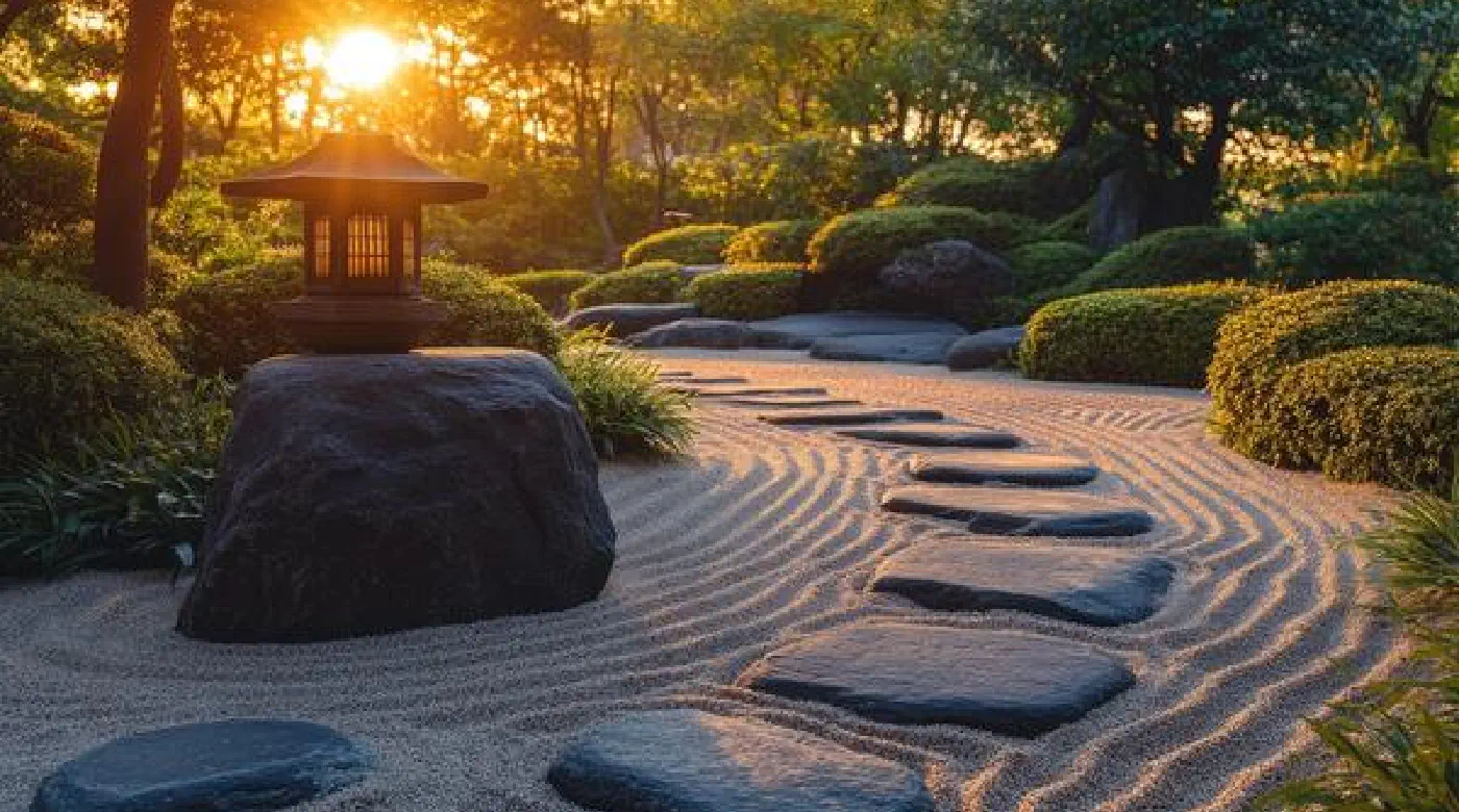 Grounded steps toward clarity and confidence — the healing path of releasing inner blocks Zen garden with stepping stones at sunset — symbolizing the peaceful stages of emotional healing and inner clarity