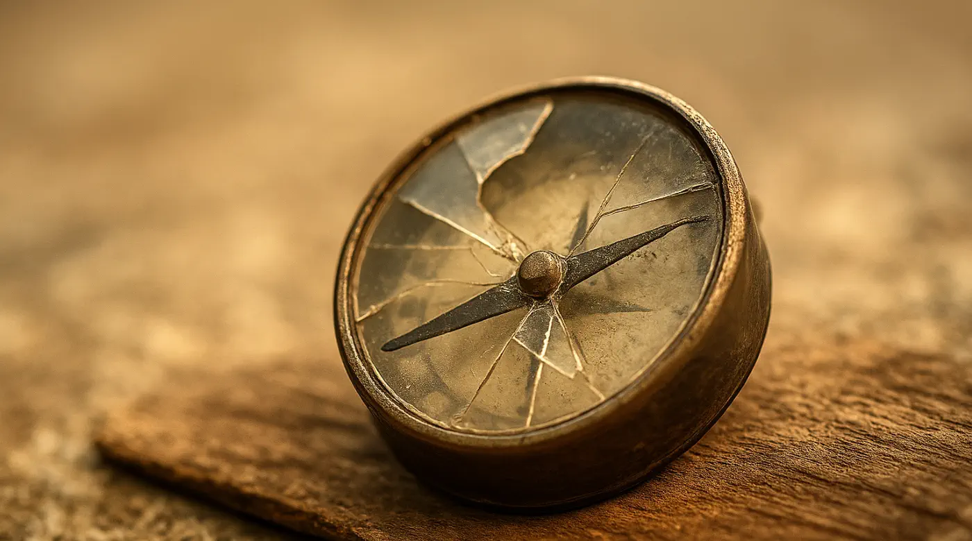Who This Work Is For — Overcoming Inner Blocks to Success Broken compass on a wooden surface — symbolizing feeling lost, stuck, and misdirected; overcoming inner blocks to success and self-trust.