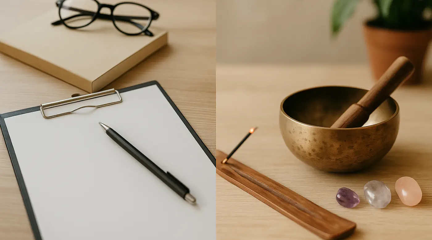 Holistic therapy and healing tools for mind and body wellness Therapy tools on desk including clipboard, pen, Tibetan singing bowl, and healing crystals, representing holistic and traditional approaches