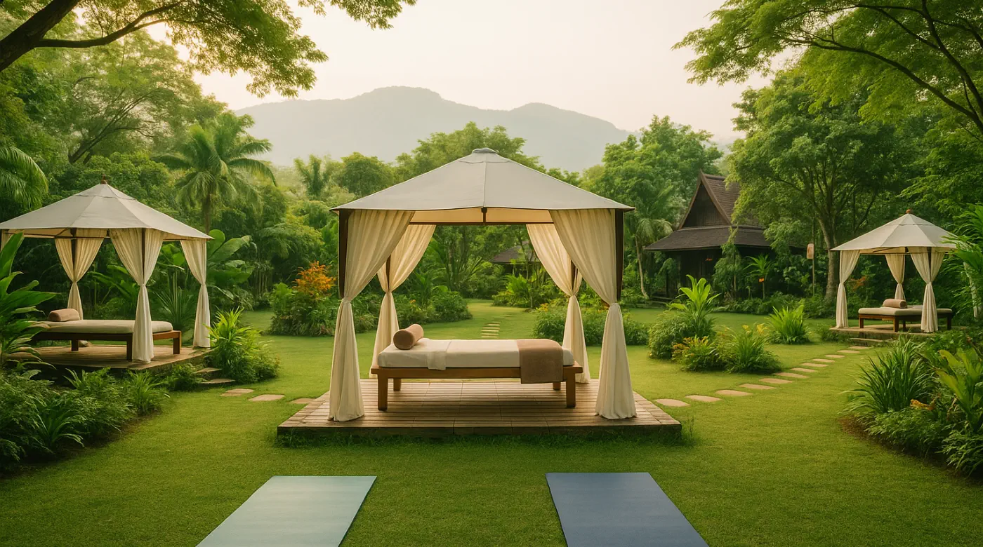 Chiang Mai wellness retreat with open-air healing spaces Luxury outdoor wellness retreat in Chiang Mai with open-air cabanas, yoga mats, and lush tropical gardens
