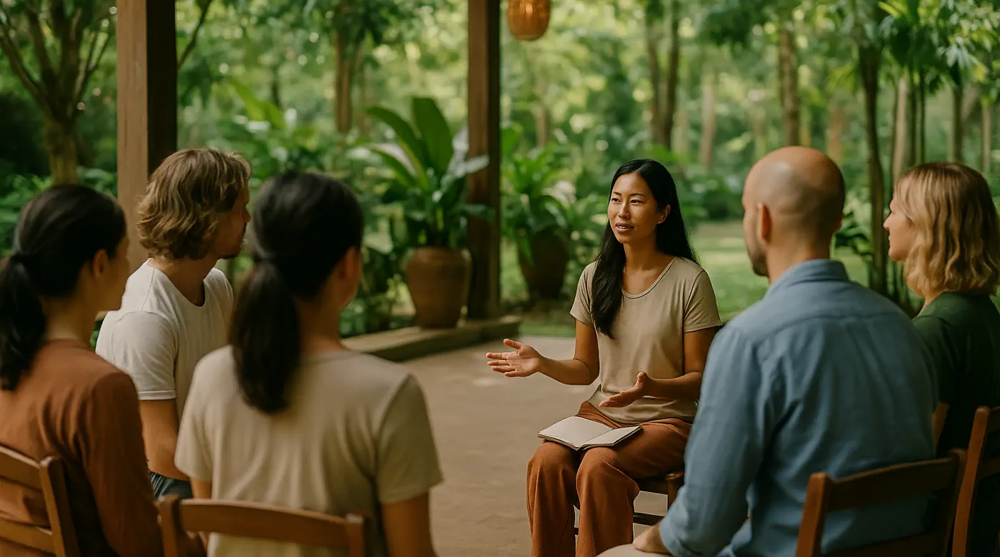 Support group meeting in a peaceful Chiang Mai environment Group self-help session in Chiang Mai with facilitator speaking to participants in a serene outdoor setting
