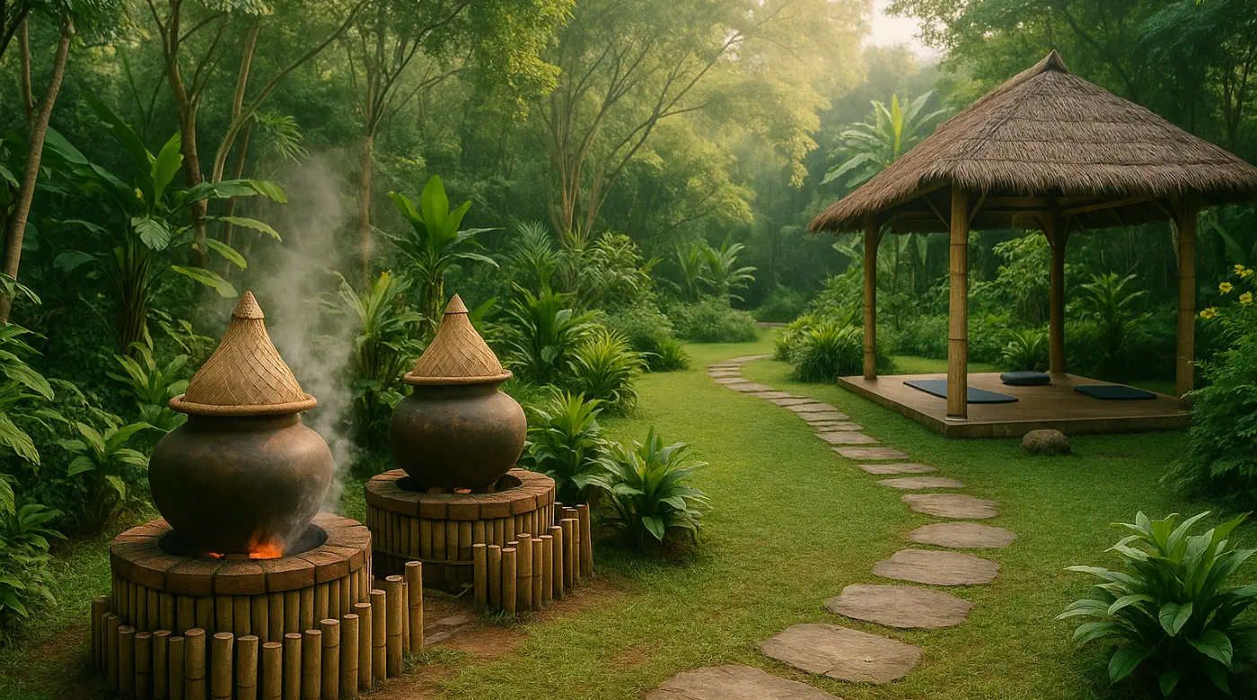 Peaceful herbal steam garden and pavilion in Chiang Mai Tranquil garden in Chiang Mai with steaming herbal pots and a thatched pavilion along a stone pathway