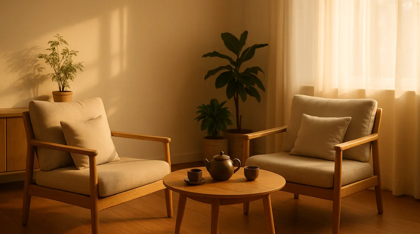Inviting therapy consultation space in warm natural light Warm, sunlit consultation room with two comfortable chairs, coffee table, and indoor plants, creating a calm and welcoming therapy space