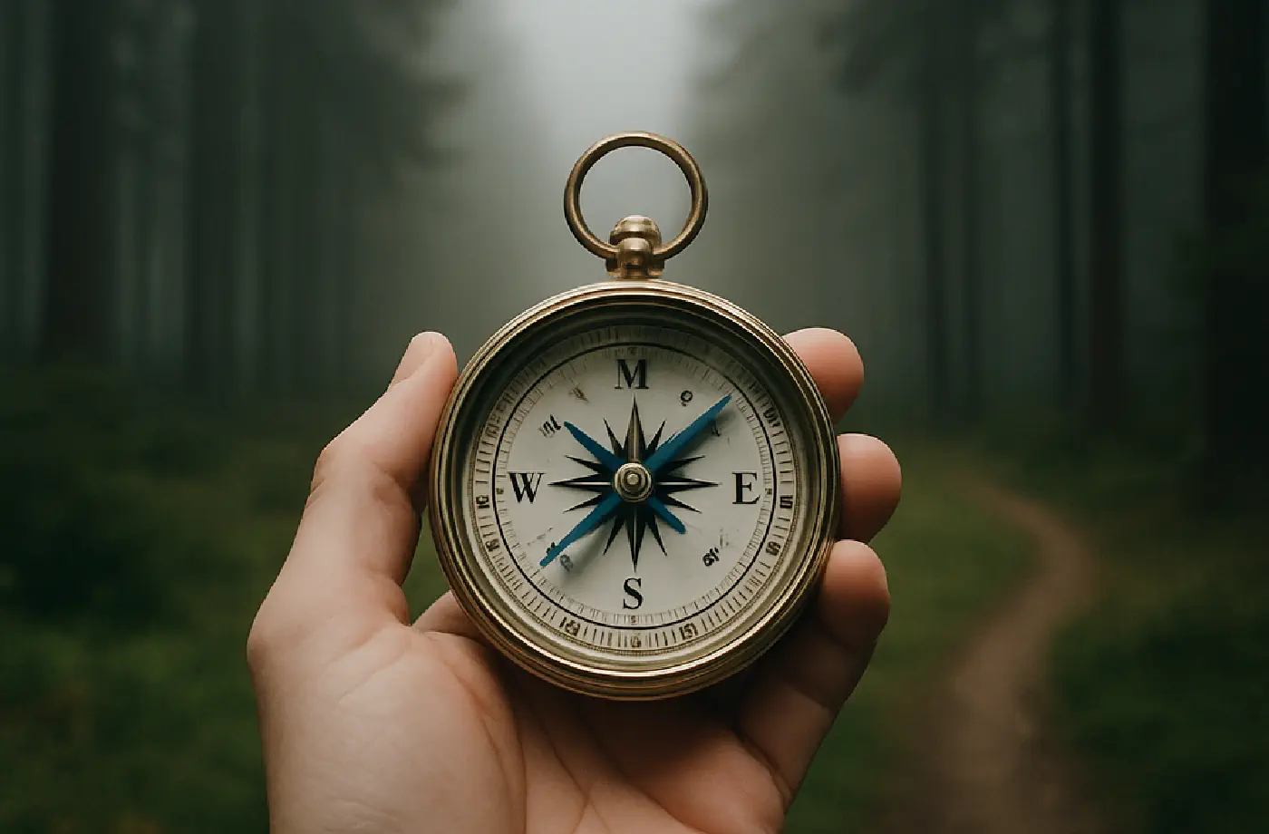 Let our intuition guide your healing — personalized emotional healing sessions in Chiang Mai Hand holding compass in misty forest — symbolizing intuitive guidance in emotional healing sessions in Chiang Mai