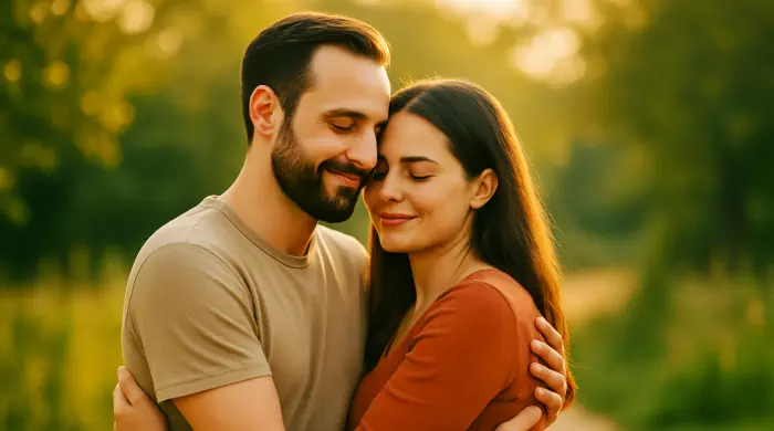 Couple embracing with love and trust – Ready to Heal Your Heart with therapy in Chiang Mai A loving couple embracing outdoors, symbolizing emotional healing and restored trust through relationship therapy in Chiang Mai.