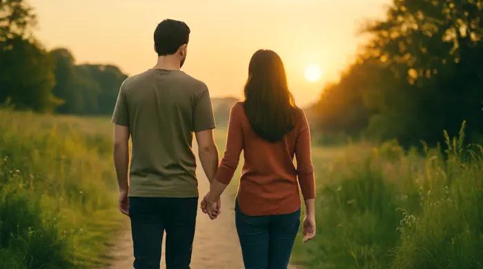 Couple Walking Together at Sunset – The Healing Journey of Restoring Trust and Connection Couple walking hand in hand down a path at sunset, symbolizing emotional healing and connection during the healing journey.