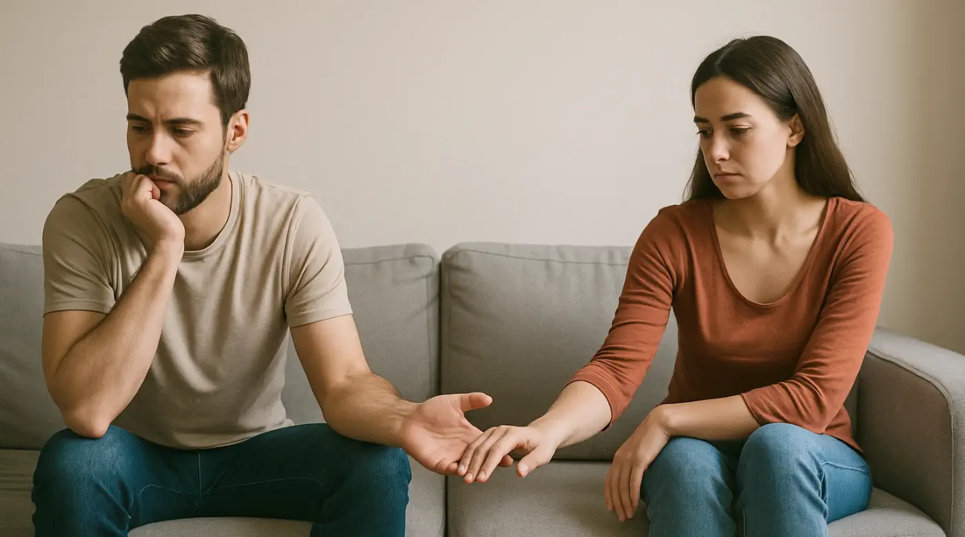 Healing emotional disconnection in relationships with couples therapy in Chiang Mai Couple experiencing emotional disconnect reaching out to each other on a couch during relationship therapy